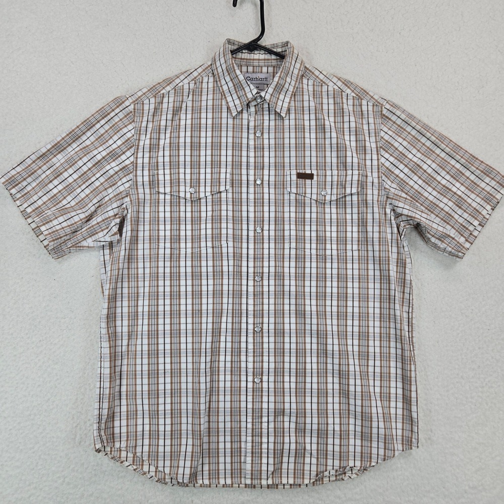 Carhartt Mens Plaid Short Sleeve Western Pearl Snap Shirt Medium Utility Brown M